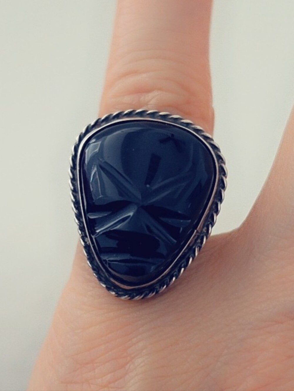 Estate Carved Onyx Gemstone Ring Sterling Silver 925
